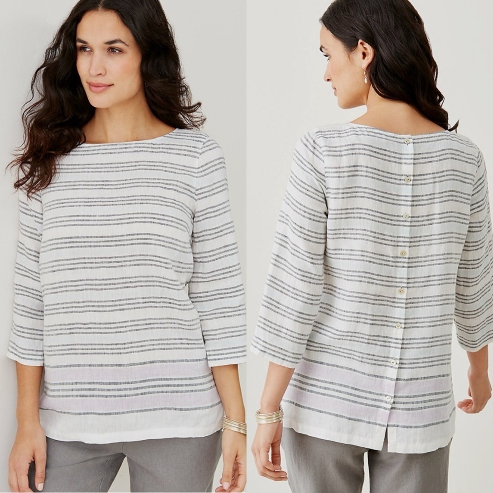J. JILL Love Linen Beachy Boho Coastal Striped Button Back Flowy Blouse Top